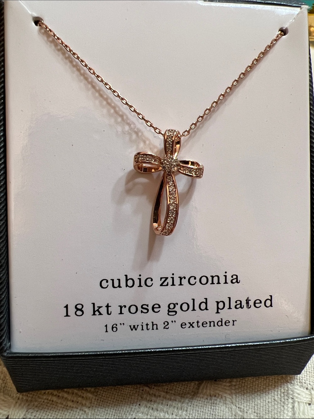 Sparkle Allure Cubic Zirconia 18K Rose Gold Over Brass 16 Inch Cross Pendant